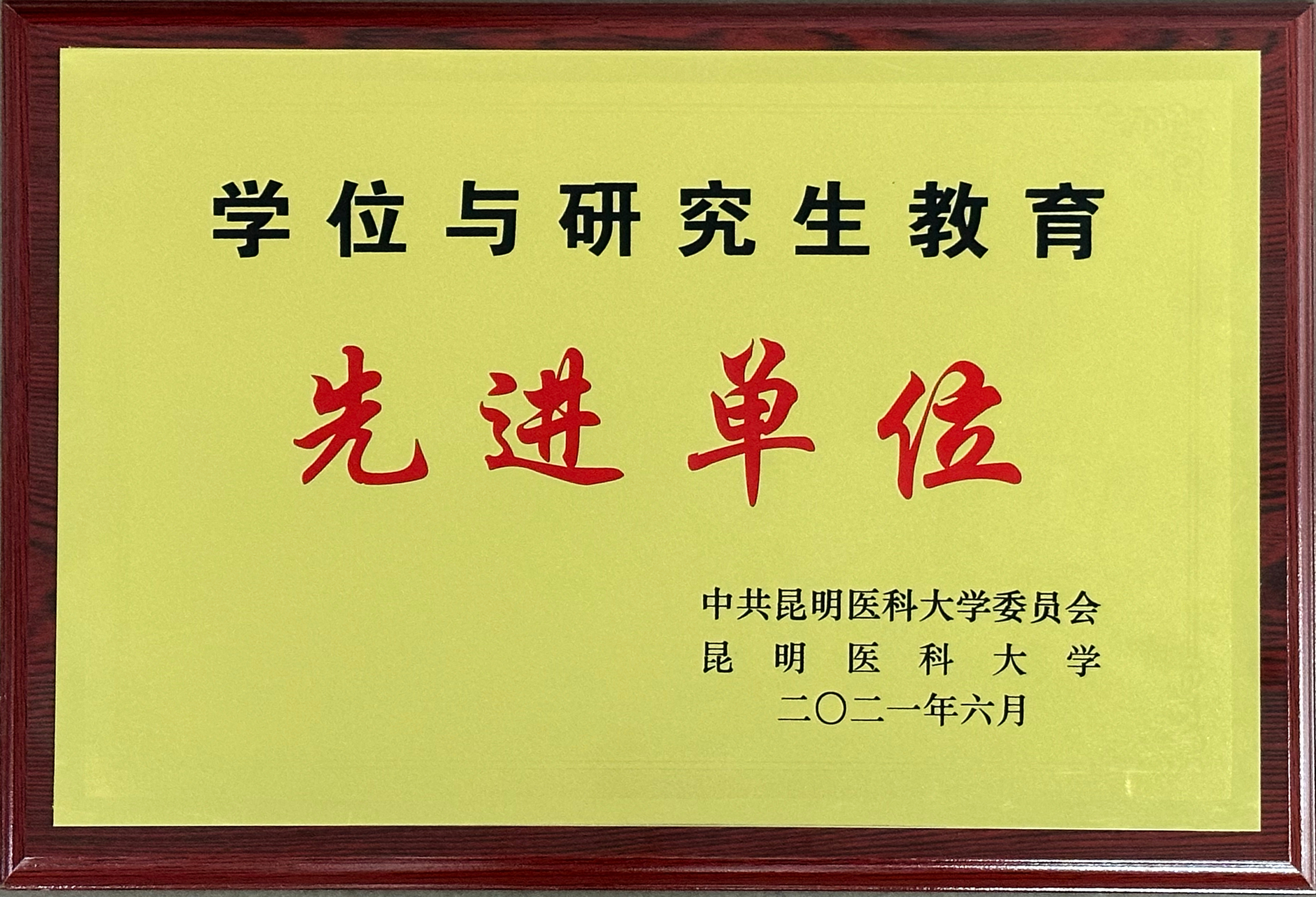 玉溪市人民医院荣获“学位与研究生教育先进单位”（2021年6月）